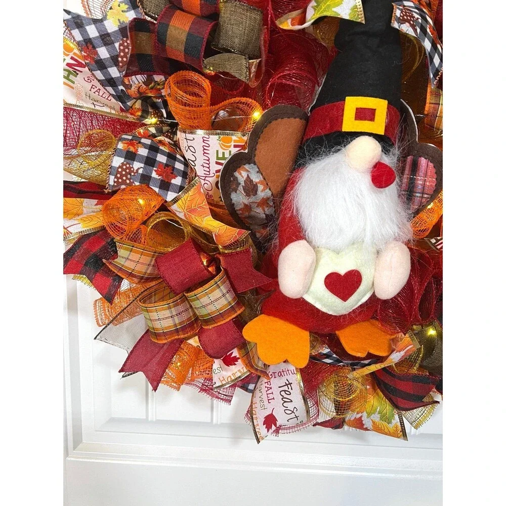 Handmade Thanksgiving Turkey Gnome Ribbon Welcome Door Wreath Leaf 22 in LED